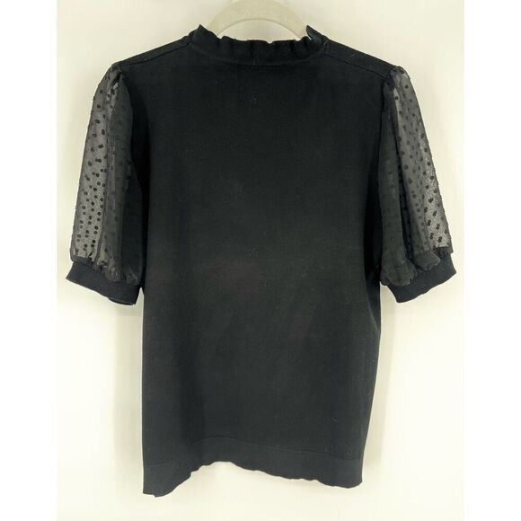 Adriana Papell Swiss Dot Sheer Sleeve Ruffle Neck Black Sweater Top Size Medium - Picture 2 of 8